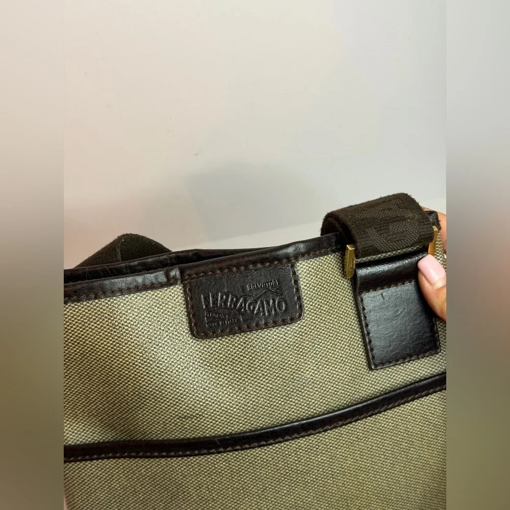Salvatore Ferragamo Beige/Brown Canvas Crossbody Bag with Leather Trim